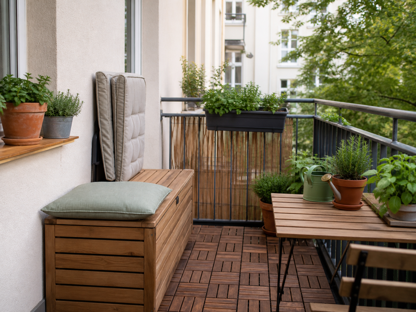 Kleiner Balkon mit wetterfestem Stauraum