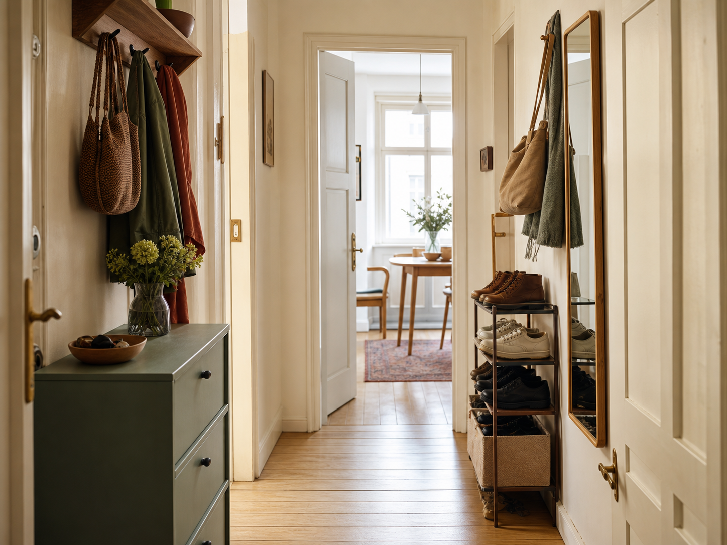 Schmaler Flur mit Schuhplatz und Haken