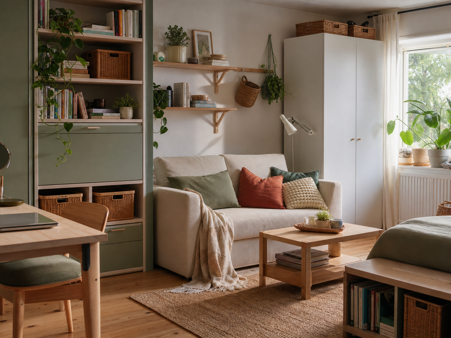 Kleiner Wohnbereich mit Stauraum, Sofa und Regalen