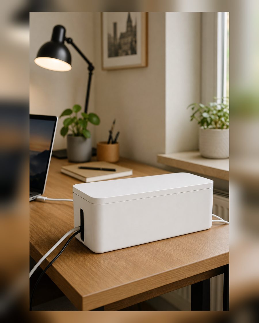 D-Line Kabelbox, Steckdosenleiste verstecken, Kabelmanagement für Schreibtische, TV-Kabel organisieren – 325mm (L) x 125mm (B) x 115mm (H) – Klein, Weiß