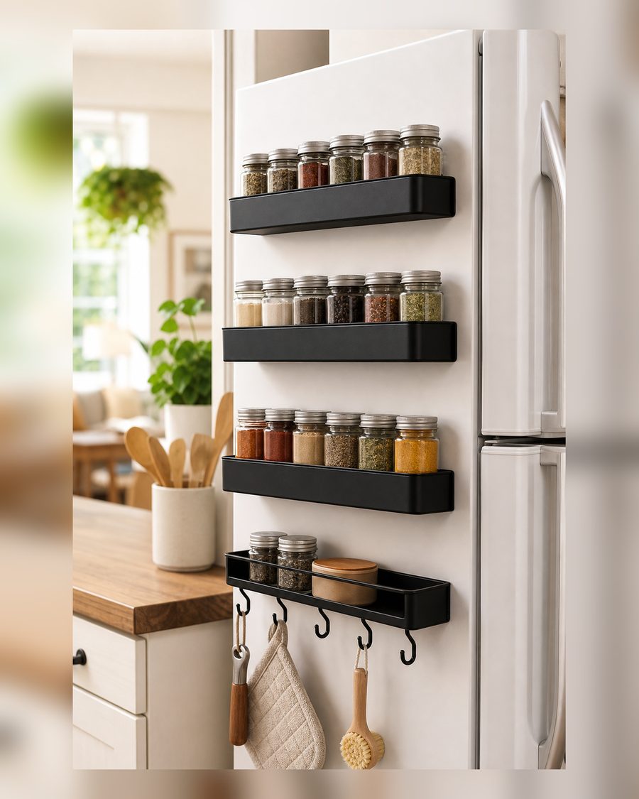 Aufworld Magnetisches Gewürzregal für Kühlschrank, 4 Pack Magnetregal, Kühlschrank Magnet Organizer mit beweglichen 8 Haken, Magnetisches Kühlschrankregal für Küchenorganisation und Lagerung (4 PACK)