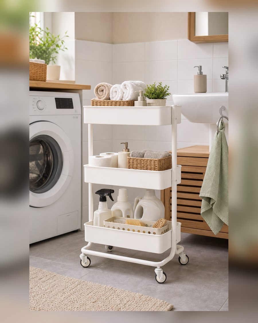 Aufbewahrungswagen, Organizer Regal mit Rädern, 3 Etagen Allzweckwagen auf Rollen, Mobiler Aufbewahrungsregal für Bad Dusche Toilette WC Wohnzimmer Waschecke Waschbereich Küche Büro Schlafzimmer, Weiß