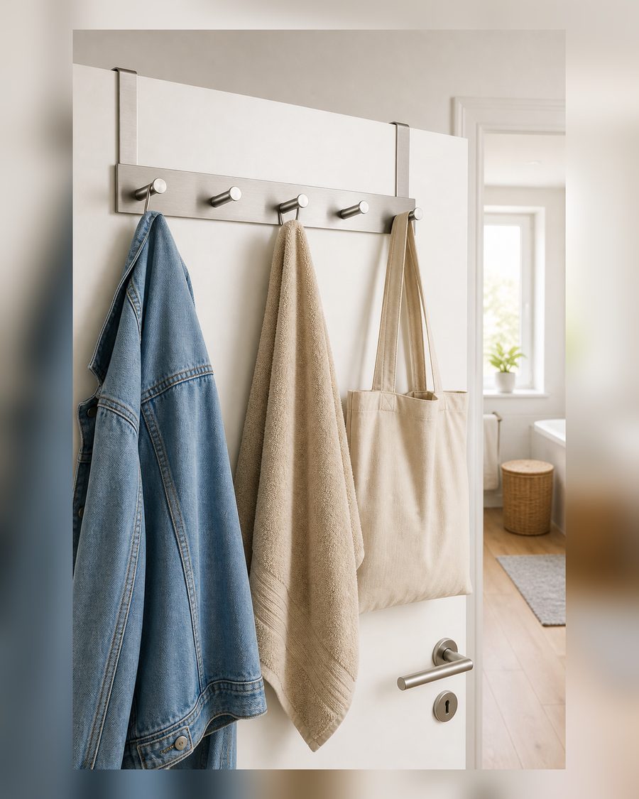 VonBueren Türgarderobe zum Einhängen Edelstahl | 30 cm | 5 Türhaken als Türhakenleiste | als Kleiderhaken für die Tür geeignet | Tür Garderobe