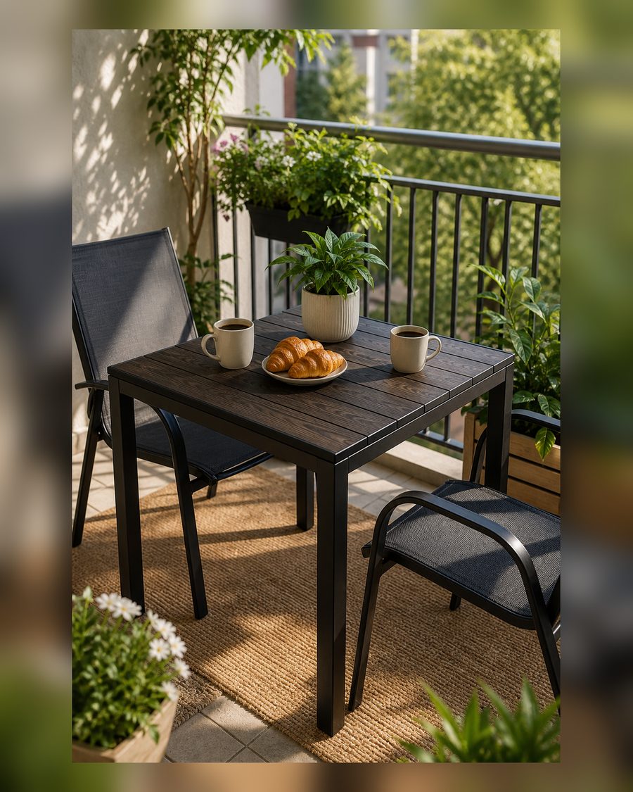 STEELSØN Alaris Gartentisch 75x75 cm – Esstisch Garten für 4 Personen – Balkontisch mit Metallgestell, Schwarz – Outdoor Tisch Balkon klein – Terrassentisch mit Kunstholz Tischplatte UV- & wetterfest