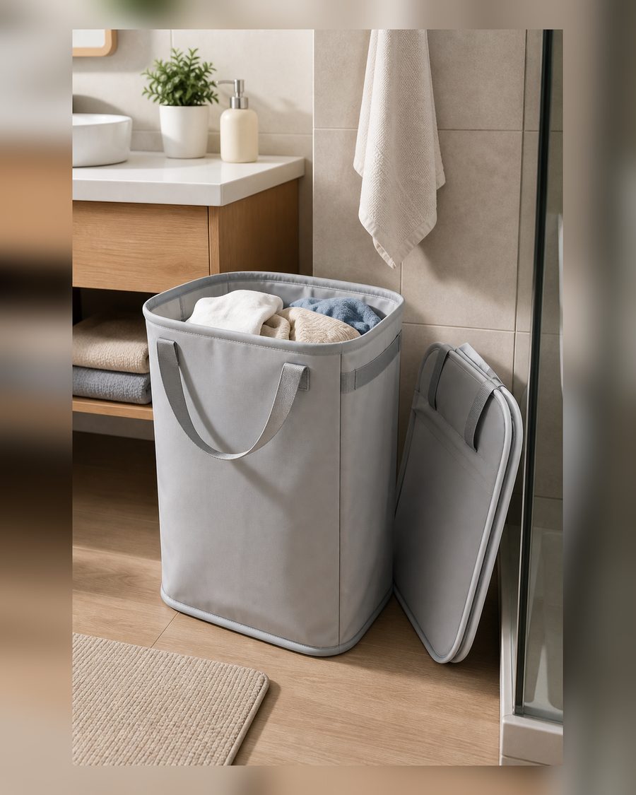 CleverMade Zusammenklappbarer Wäschekorb, 64 l, Aufbewahrungsbehälter, 2 Stück, Mitternachtsschwarz, Schattengrau, tragbare, robuste Griffe für Wäsche und Wohnung, platzsparend