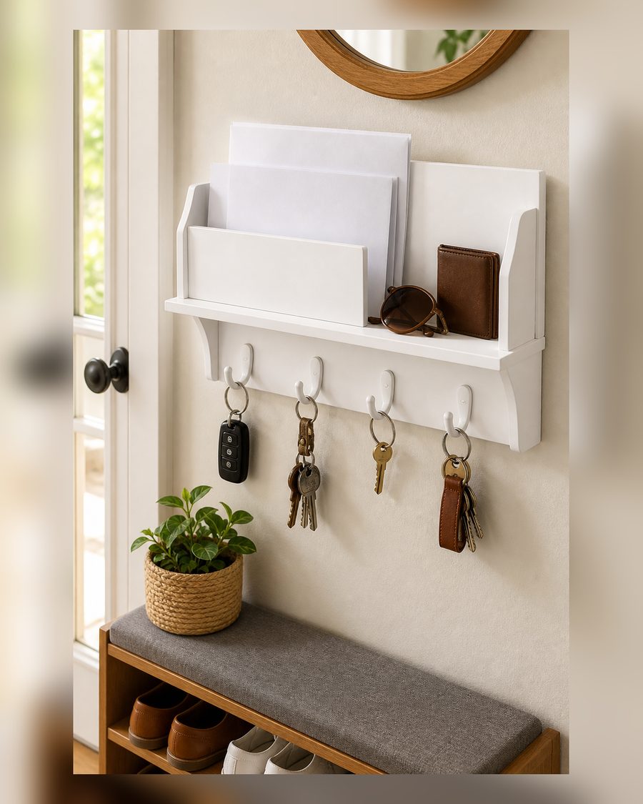 FifthQuarter Schlüsselhalter für die Wand: einfach zu montierender Schlüsselbrett und Post-Organizer mit Ablage und vier stabilen Schlüsselhaken, Eingangsbereich, Schlammzimmer (weiß)