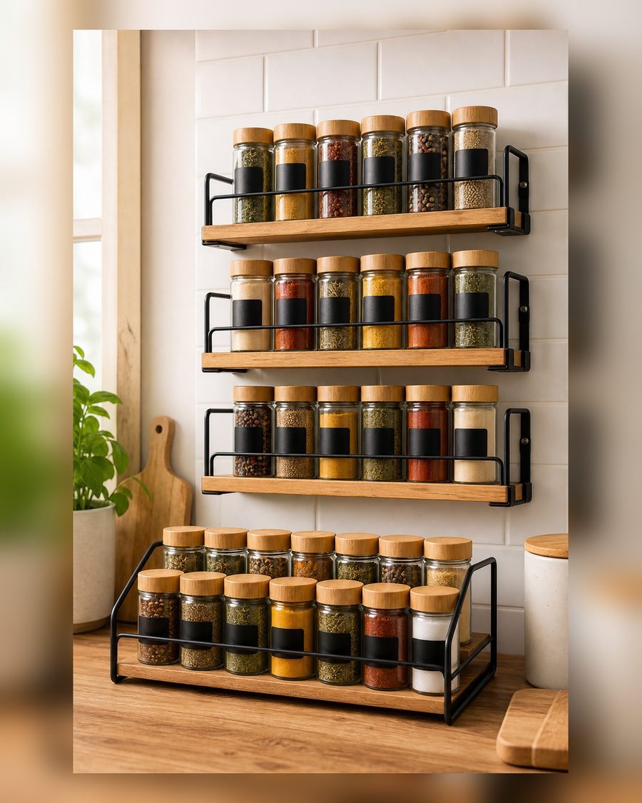 Deco haus® Gewürzregal Stehend & Wand [MIT GEWÜRZDOSEN & ETIKETTEN] - Gewürz Organizer - Spice Rack Organizer - Gewürzständer - Gewürzregalsystem Hängend - Gewürzaufbewahrung - Gewürzgläser mit Regal
