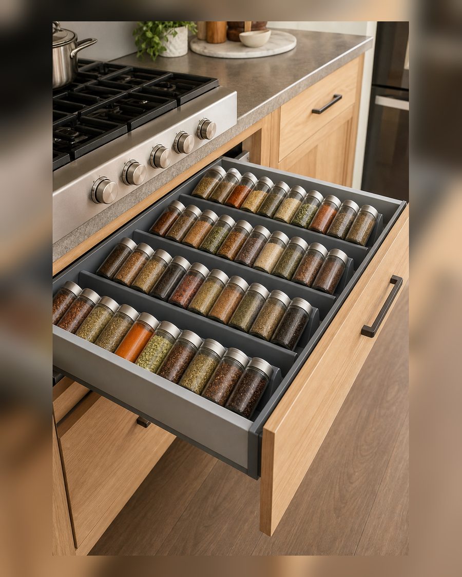 MIUKAA Gewürz-Schubladen-Organizer, 4 Ebenen, 2 Set, erweiterbar von 33 cm bis 66 cm, Gewürzgläser, Schubladeneinsatz, Gewürzregal für Schublade/Arbeitsplatte (Gläser nicht im Lieferumfang enthalten)