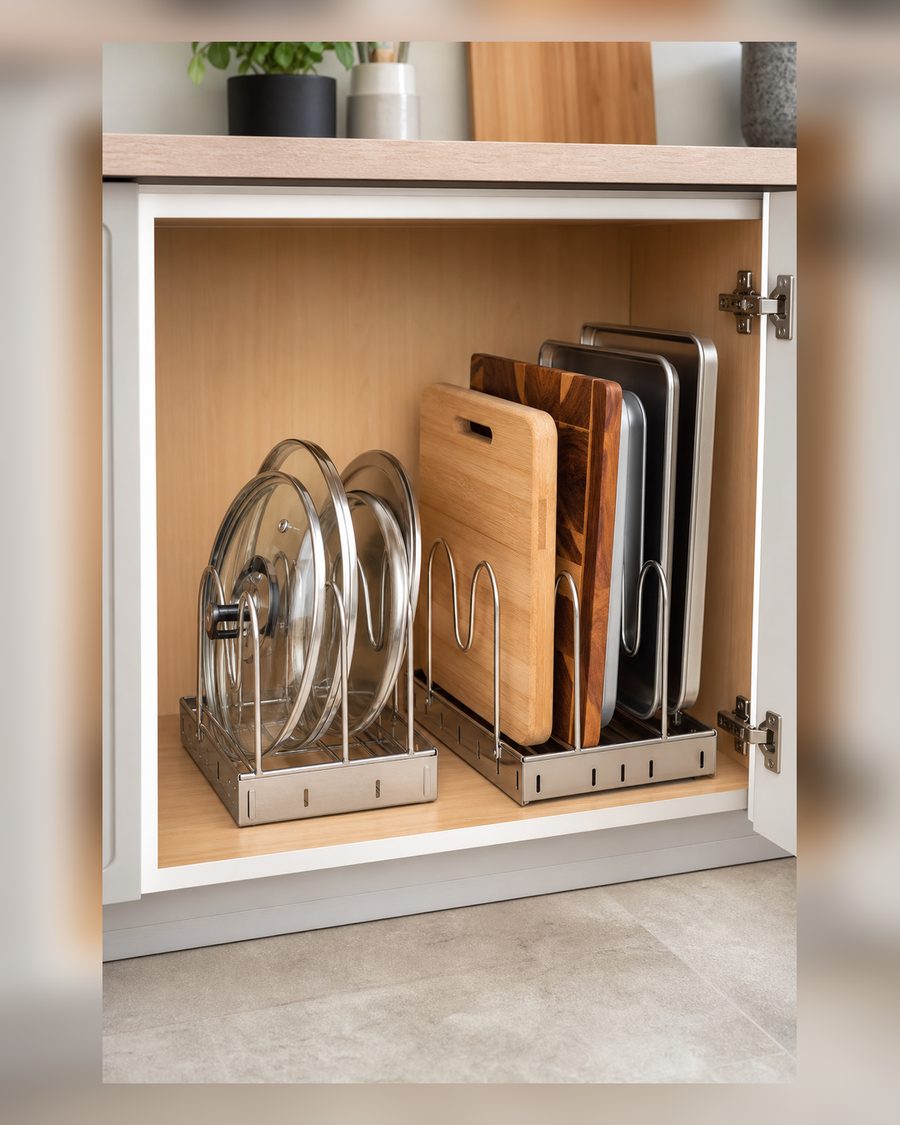 Topfdeckel-Organizer, Schneidebrett-Halter im Schrank, 304 Edelstahl, Topf- und Pfannen-Organizer, Unterschrank, Topfabdeckung, Keksblech, Backgeschirr, Serviertablett, Kühlregal, Ständer, 2 Stück