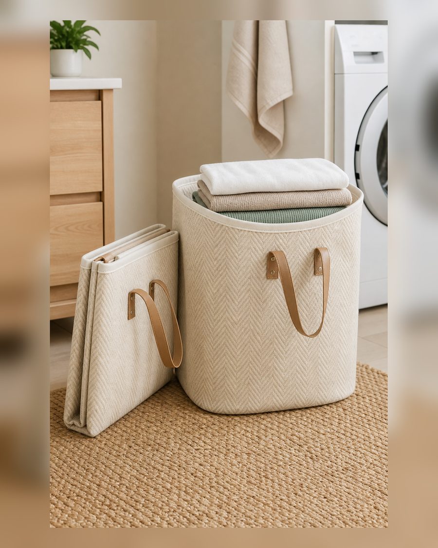 CleverMade Zusammenklappbarer Wäschekorb, Premium-Wäschekorb, groß, faltbar, Wäsche-Tragetasche, XL, Pop-Up-Caddy mit Griffen, 2 Stück, cremefarbenes Fischgrätenmuster