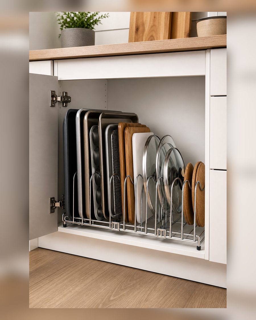 EVERIE GS02SS Verstellbarer Backgeschirr-Organizer, Topfdeckelhalter für Töpfe, Kuchenformen, Schneidebretter, Matten, Kochgeschirr, 19 cm tief x 32 cm bis 54 cm breit