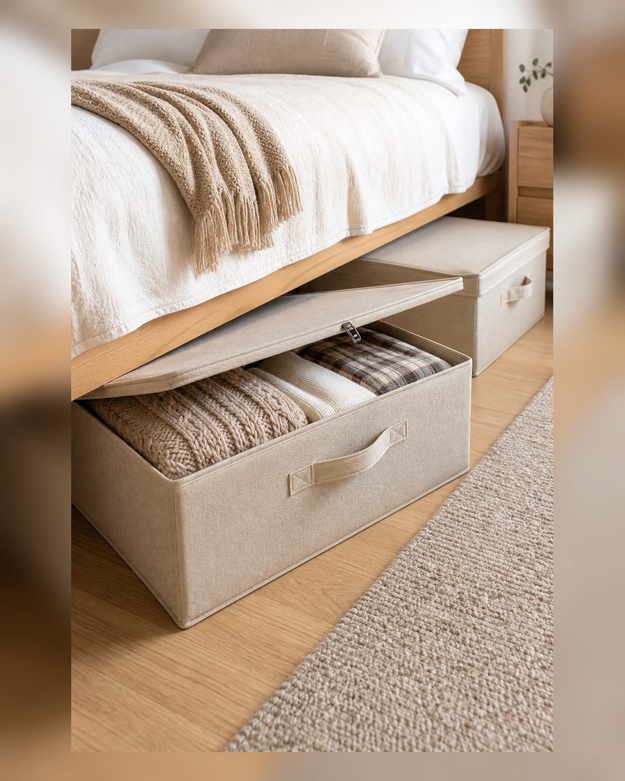 StorageWorks Unterbett Aufbewahrungsbox, extra Große Unterbettkommode mit Deckel, Stoff Unterbettbox für Schlafzimmer, Faltbare Aufbewahrungstasche für Bettdecken und Kleidung, beige, 2 Stück