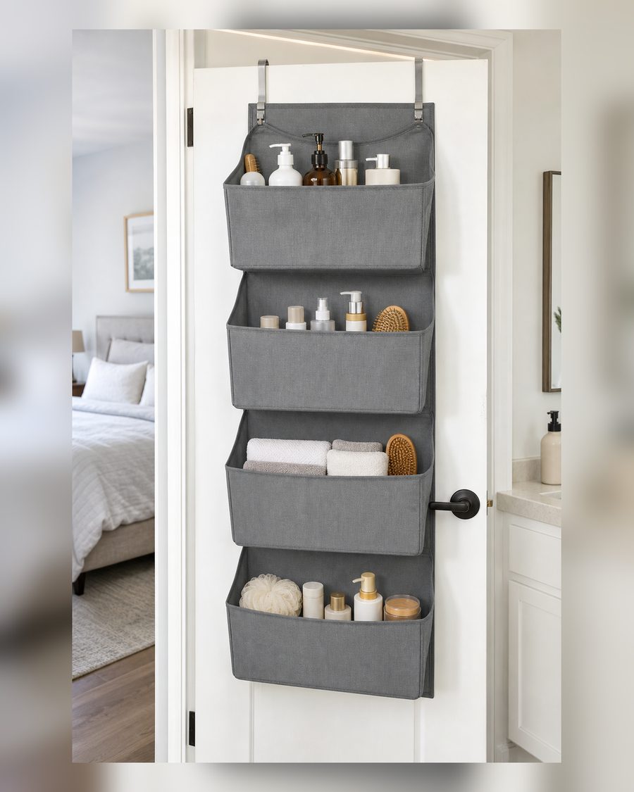 Yecaye 4-stufiger Tür Organizer zum Einhängen, Hängeorganizer ohne Bohren mit verstärkten Kanten und Anti-Kipp-Design, Türregal für Schlafzimmer, Bad und Küche, Grau, 1 Stück