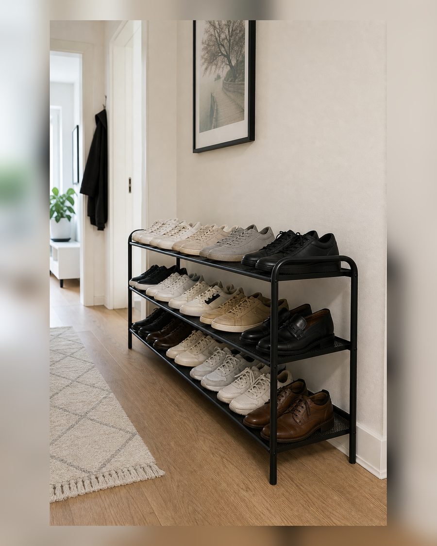 AOODA Langes Schuhregal aus Metall mit 3 Etagen für Schrank, breit, stapelbar, Schuhaufbewahrung für Eingangsbereich, Schlafzimmer, Boden, 24 Paar Herren-Sneaker-Schuhregal mit Drahtgitter, Schwarz