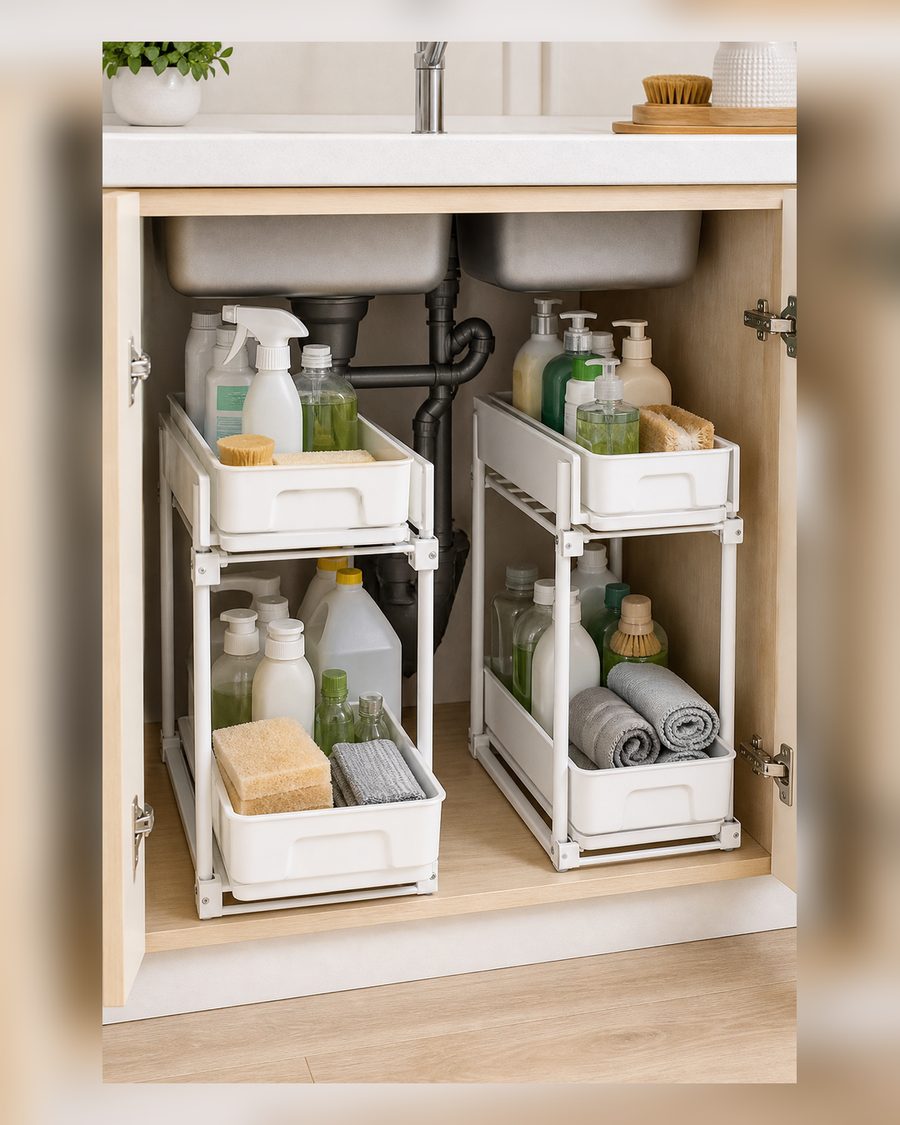 PXRACK 2 Stück Unterwaschbecken Organizer, Höhenverstellbar, 2 Schiebeebenen unter dem Schrank, Verdickte Metall Schiebeaufbewahrung für Küche, Bad, Waschküche, Speisekammer, Weiß, Größe: