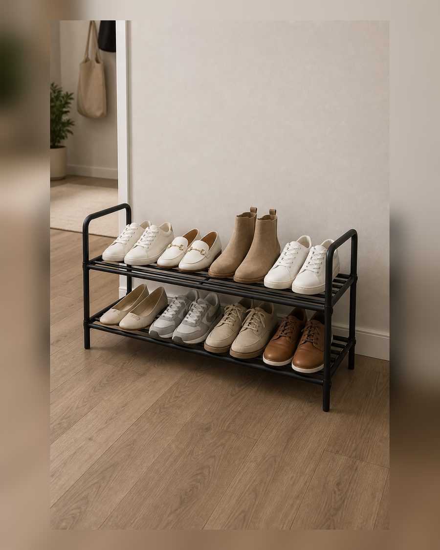 Schuhregal Platzsparend, 2 Etagen Schuhablage Ausziehbar 46.7-83.8cm | Schuhaufbewahrung Metall für 8 Paare, für Flur Diele Balkon, DraußEn Outdoor Camping, Schwarz
