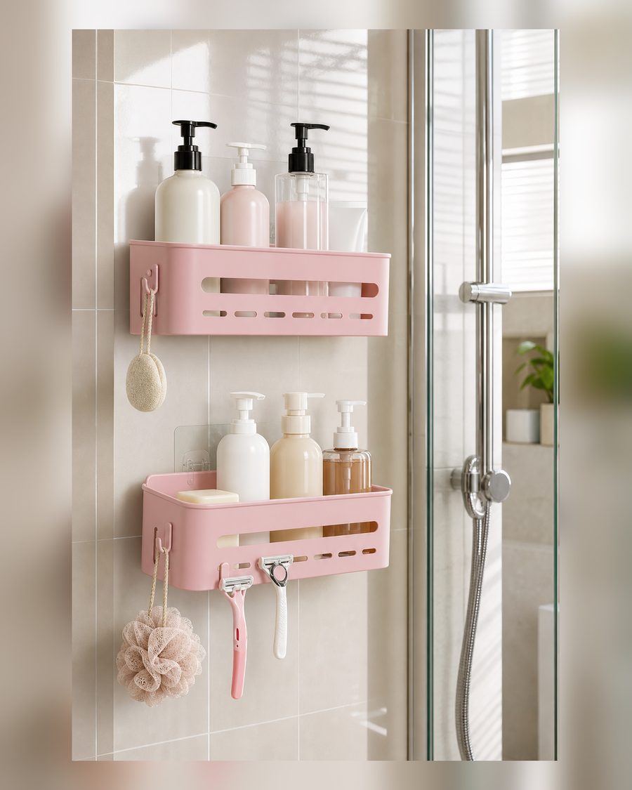 Rosa Duschablage Duschregal Ohne Bohren–2 Stück Haken Set für Bad | 4 Stabile Haken | 2er-Set | Starker Saugnapf + Kleber | Kein Bohren | Für Bad, Küche & Mehr | Rostfrei | Einfach Montiert