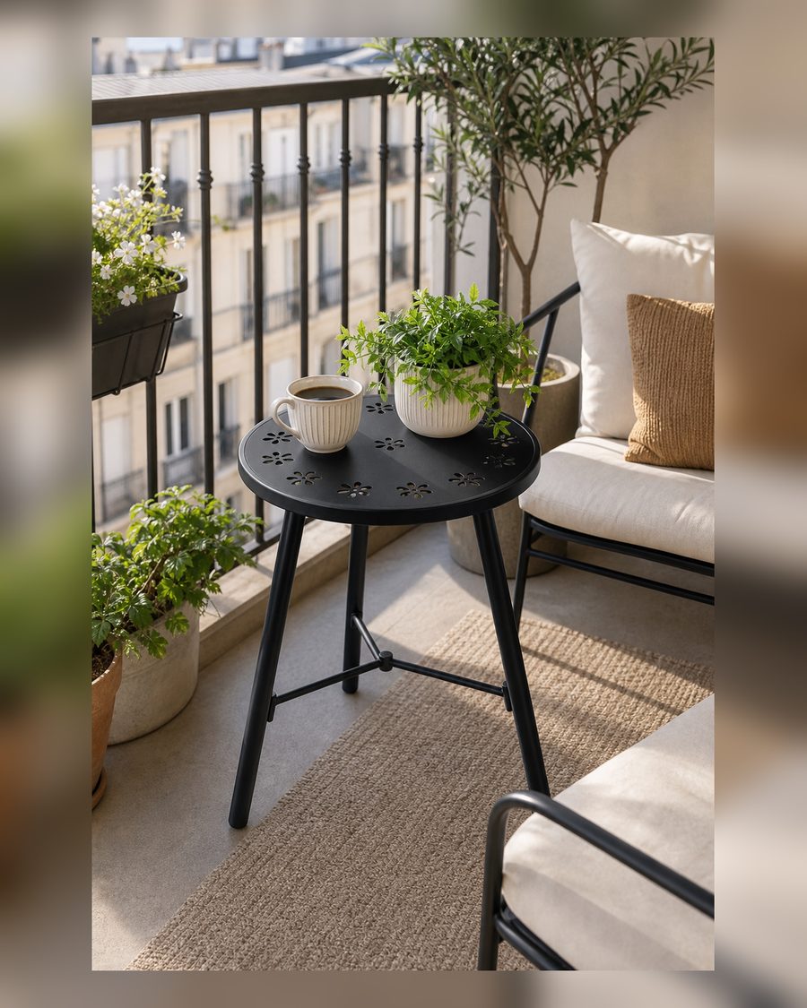 TeoKJ Balkon Tisch klein, wetterfester beistelltisch Outdoor, klapptisch klein für Terrasse, Hof, Balkon, Garten, durchlässiges Blumen-Ausschnitt-Design, Schwarz