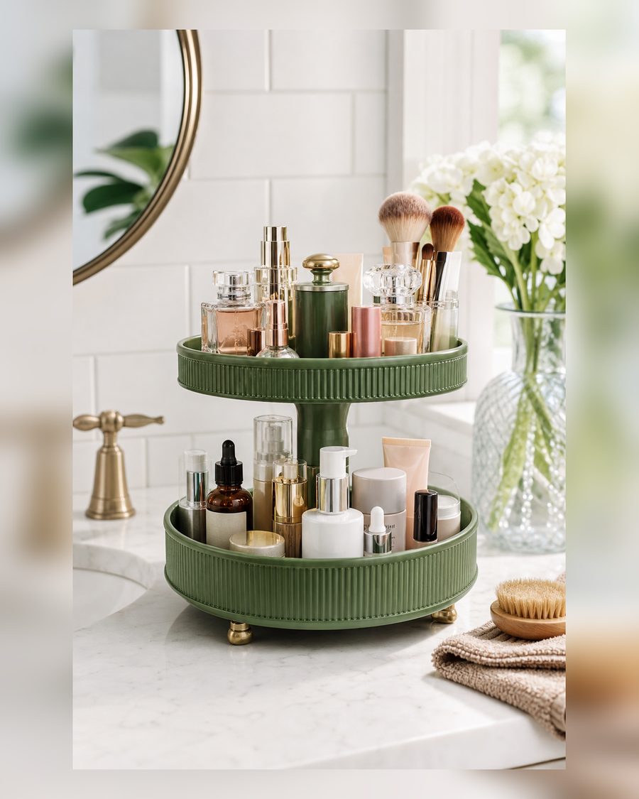 YCIA&DONE Drehbarer Make-up-Organizer für Schminktisch, große Kapazität, Make-up-Aufbewahrung, Hautpflege, Parfüm-Halter, Kosmetik, Kommode, Organizer, Arbeitsplatte, 360 Grad (Vintage-Grün, 1 Ebene)