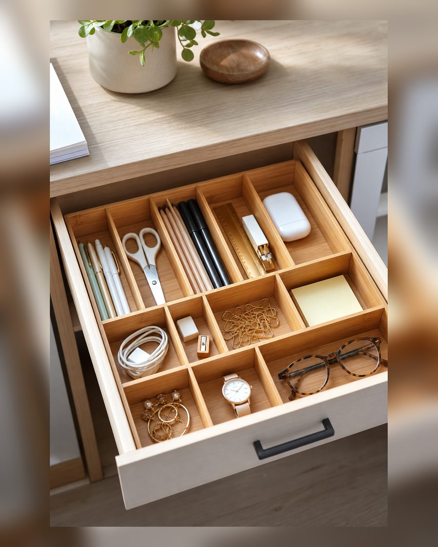 Umilife Schubladen-Organizer, Aufbewahrungsboxen, 6,3 cm hoch, Bambus-Schubladenteiler, 5 neu anordbare Behälter für Küche, Büro, Schreibtisch, Kleidung, Make-up, Schminktisch, Schmuck