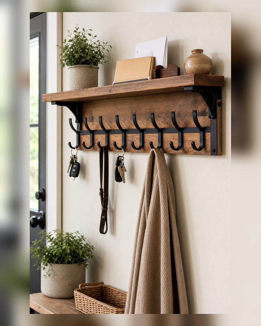 Schlüsselbrett mit Ablage aus Echtholz & Metall | Wandorganizer mit 8 Haken für den Flur | Home Sweet Home Design zur Wandmontage